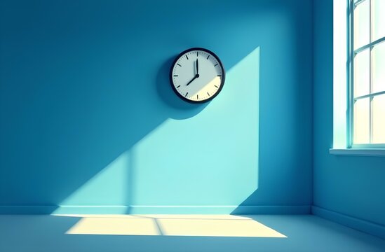 Minimalist interior with wall clock and sunlight through window. blue Monday