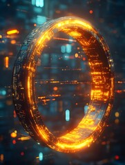 A futuristic glowing ring design with data streams radiating outward.