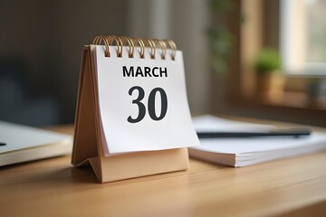 A calendar page flipping to March 30, set in a cozy desk scene.