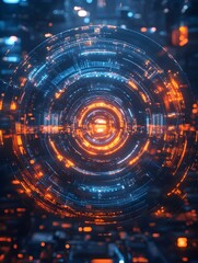 Obraz premium A futuristic HUD (heads-up display) with glowing concentric circles and data overlays.