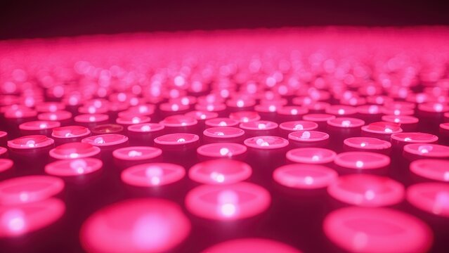 A sea of vibrant pink floating candles, suspended in mid-air against a deep black backdrop, with soft focus at the top and a splash of warm color dominating the lower half