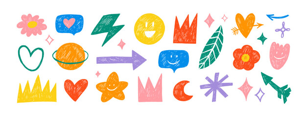 Funky naive doodle shapes and stickers in colorful kid's style. Crayon drawn doodle shapes and figures for childish collages. Hand drawn naive, bizarre abstract sticker shapes and forms.