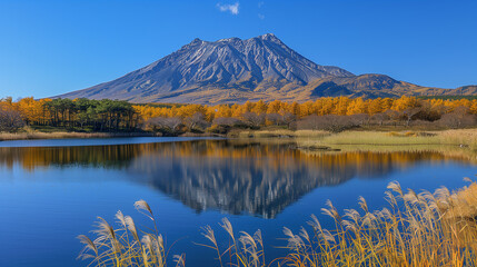 Mountain and autumn forest reflected in a tranquil lake..