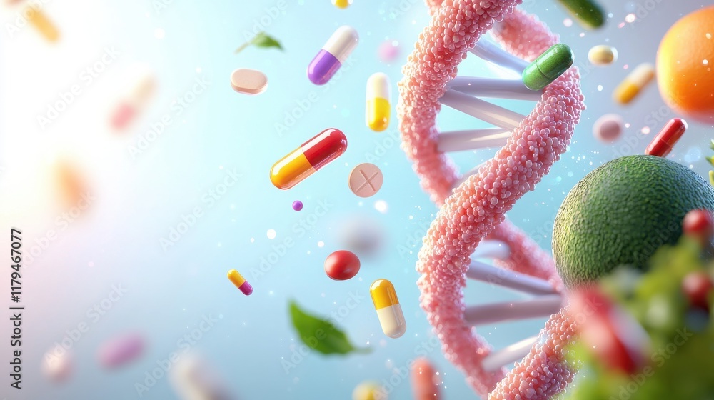 Poster dynamic vitamin-infused double helix digital environment 3d animation fresh produce concept science 