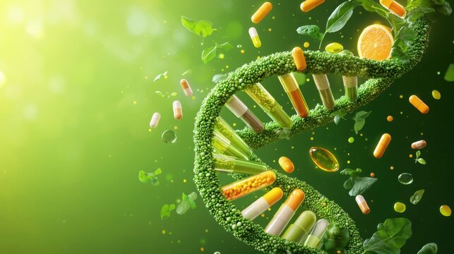 Vibrant double helix of nutrient-rich produce green environment digital art conceptual visualization health and wellness theme