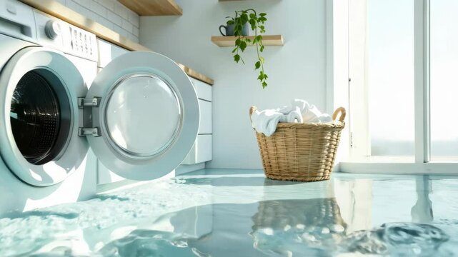 Leaky washing machine flooded the floor with water. Broken washing machine, leak causing damage, flooding problem