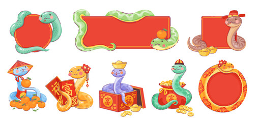 Chinese lunar new year snakes with holiday banners and decorations celebrating Cny 2025, surrounded by red and gold frames, mandarin fruits, gold coins, and traditional symbols of prosperity and luck