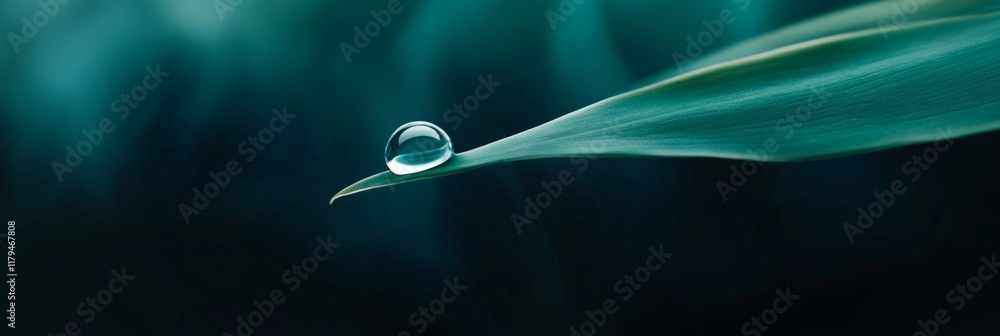 Poster Macro close up of a transparent drop of water balancing on a blade of grass with a blurred dark green background, creating a tranquil and refreshing scene of nature's delicate beauty