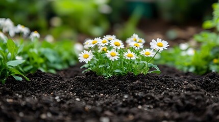 Preparing flower beds with rich, dark soil as cheerful daisies bloom, highlighting the beauty of nature and freshness.