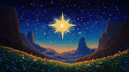 Fototapeta premium watercolor illustration of hills with starry night sky and Star of Bethlehem 