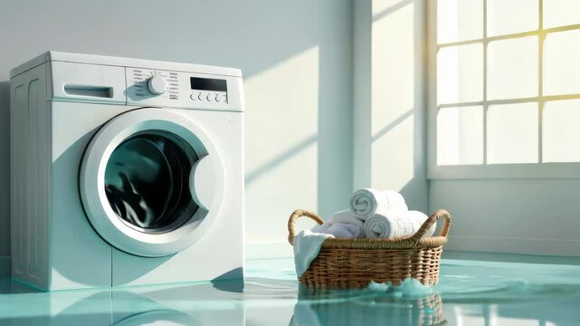 Leaky washing machine flooded the floor with water. Broken washing machine, leak causing damage, flooding problem