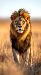 Majestic male African lion walking towards the camera in golden savanna light.  A powerful and regal image of wildlife in its natural habitat.