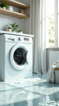 Leaky washing machine flooded the floor with water. Broken washing machine, leak causing damage, flooding problem