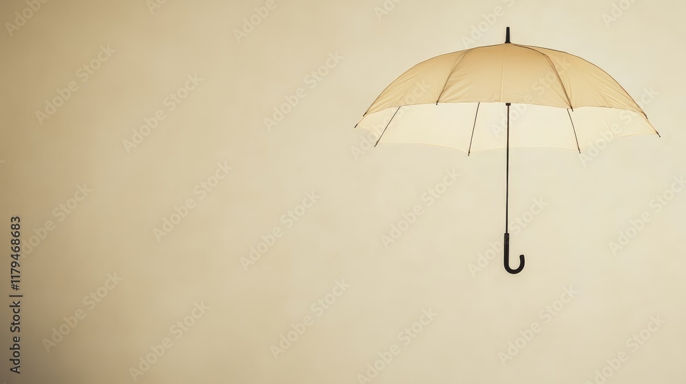Poster Open beige umbrella hovering against a minimalist light brown backdrop, creating a surreal and artistic composition with a focus on levitation and simplicity