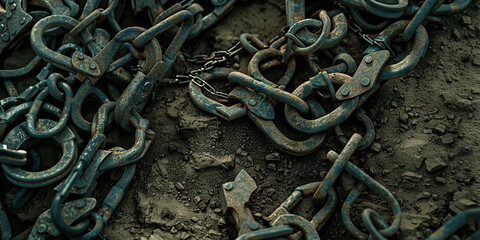 Rusty Metal Chains and Hooks on Soil