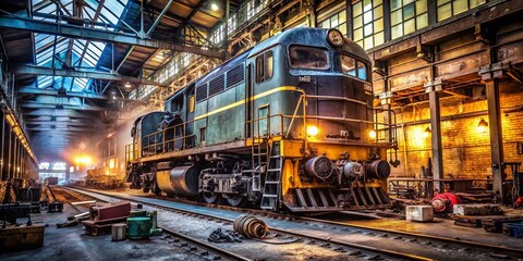 Fototapeta premium Diesel Locomotive Engine Repair Depot: Industrial Maintenance Stock Photo
