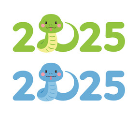 2025 New Year typography design with cute snake character. 2025 is called the ‘year of the snake’ in Asia and Korea.