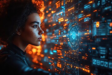 cybersecurity specialist using advanced digital interface to protect sensitive data with holographic firewall and neural network defense system