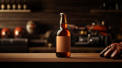 Beer bottle with blank label in vintage garage setting. Generative AI