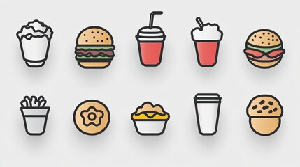 Flat icons of fast food and drinks, set on a light background.