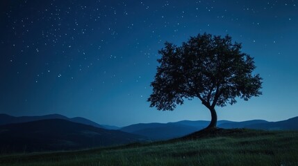 A serene night scene featuring a solitary tree under a starry sky and distant mountains.