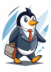 Business penguin in a sleek suit carrying a briefcase. Corporate animal character
