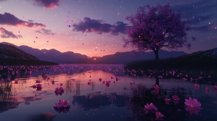 Serene sunset, pink blossoms falling on calm lake, mountains background, peaceful nature scene