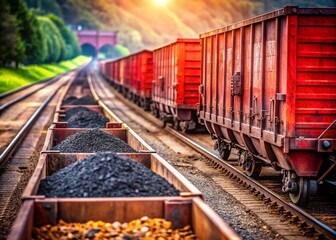 Fototapeta premium Dirty Red Coal Train on Railway Tracks - Industrial Transportation Stock Photo