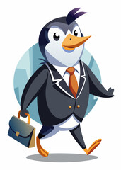 Business penguin in a sleek suit carrying a briefcase. Corporate animal character