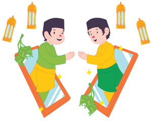Ramadan forgiveness two people apologizing via phone reflection, with ketupat and lantern ornaments.