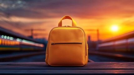 Yellow Travel Backpack at a Train Station. Generative AI