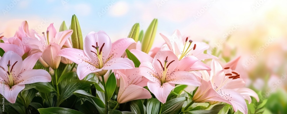 Poster a serene view of a field of pastel pink and cream lilies swaying in the breeze, the scent of fresh b