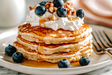 Crêpes empilées avec crème chantilly, myrtilles et miel