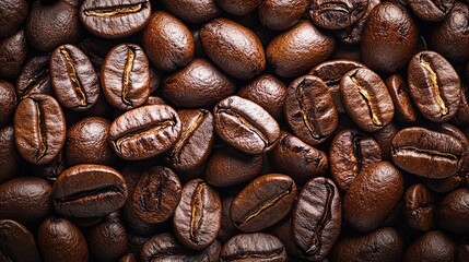 Obraz premium Close-up of roasted coffee beans, rich brown color, showing texture and detail.