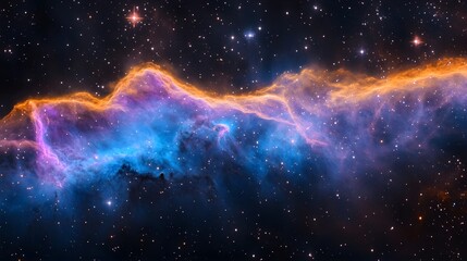 A glowing nebula with swirling blue and purple clouds set against a starry black sky.