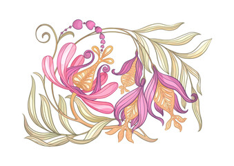 Fototapeta premium Fantasy flowers in retro, vintage, jacobean embroidery style. Clip art, set of elements for design Vector illustration.