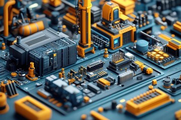 detailed 3d isometric industrial construction site with operating crane electronic components assembly and specialized machinery in technical blueprint style