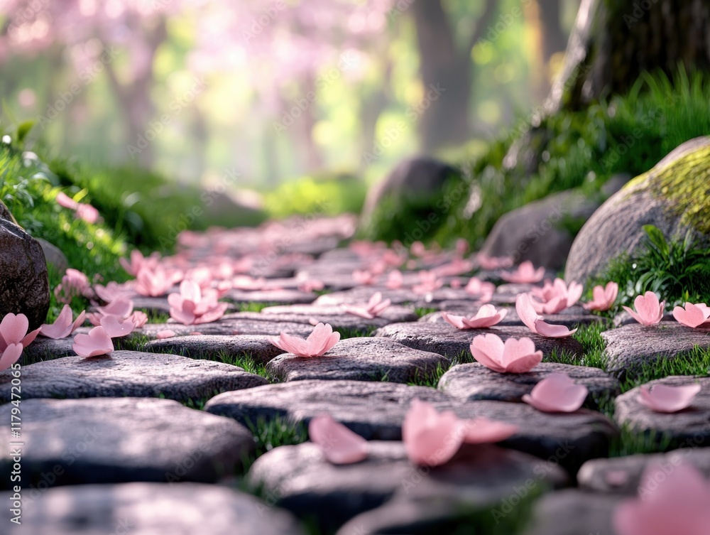 Poster capture the essence of spring with this image of a tranquil close-up of cherry blossom petals scatte