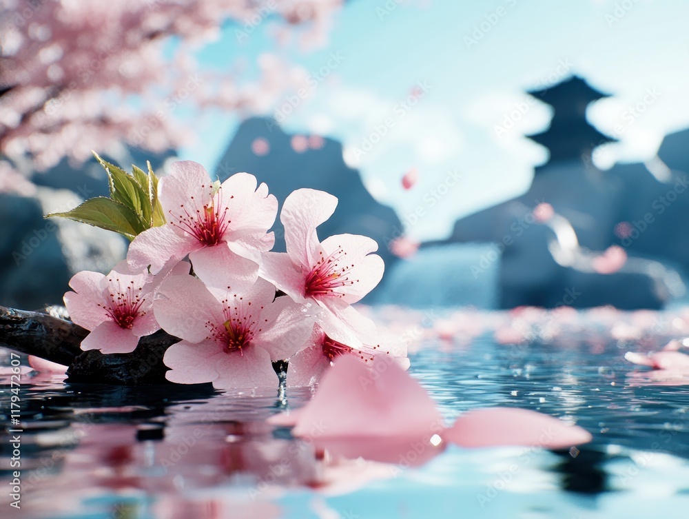 Canvas Prints Capture the serene beauty of spring with a scenic portrayal of cherry blossom petals floating down a gentle stream, their elegance reflected in the clear water This mesmerizing landscape showcases