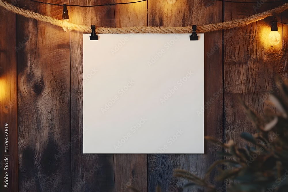 Poster a blank canvas hanging on a rustic wooden wall, illuminated by string lights.