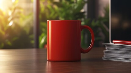 Red Coffee Mug in Workspace. Generative AI