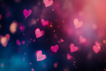 Obraz premium A dreamy bokeh effect featuring glowing pink heart shapes scattered across a dark blurred background. enchanting atmosphere, perfect for Valentine's Day or love-themed designs