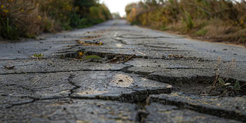 Fototapeta premium Cracked Asphalt Road with Vegetation