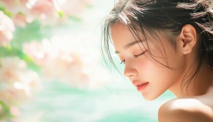 Fototapeta premium Discover a portrait of serene beauty with a woman in the foreground, embodying calmness and peace, set against a softly focused background of pink and white blossoms, echoing a harmonious wildflower