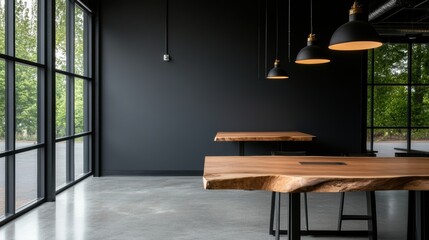 modern industrial workspace, a workspace with factory-style windows, pendant lights, and tables made of raw wood and steel, in an industrial setting