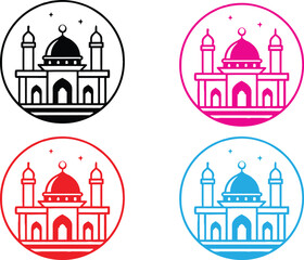 Minimalist line art mosques, colorful geometric domes, repeating Islamic architecture patterns, stylized minarets and crescents, pop art style religious buildings, quad panel design, vibrant pink and 