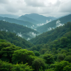 Naklejka premium Misty rainforest showcasing biodiversity, lush greenery, and carbon innovation for net zero sustainability.