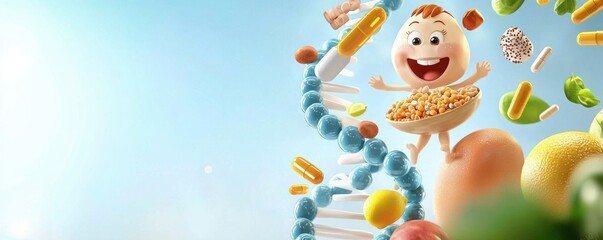 Interactive animated dna with healthy foods and vitamins in a colorful environment engaging concept for wellness