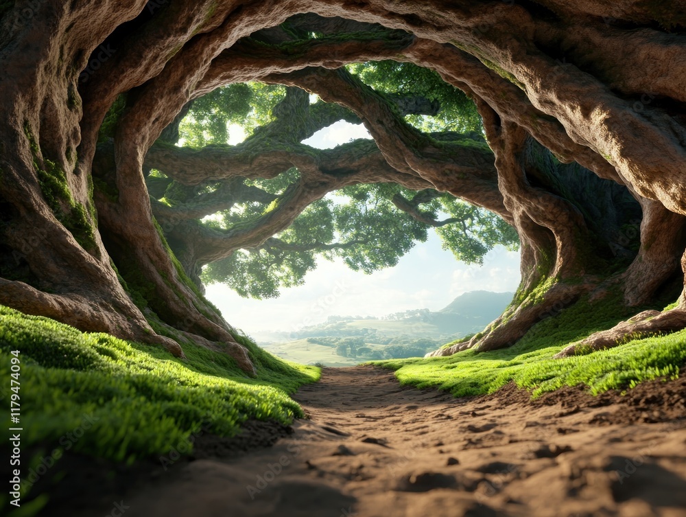 Poster discover a serene pathway, a remote trail deep in the forest, carpeted with moss and lined with anci