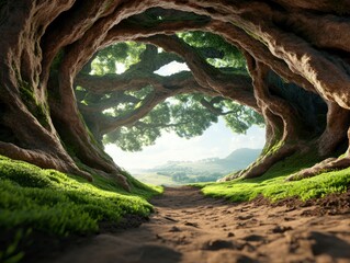 Obraz premium Discover a serene pathway, a remote trail deep in the forest, carpeted with moss and lined with ancient trees, revealing a breathtaking vista beyond This magical portal, formed by intertwining roots